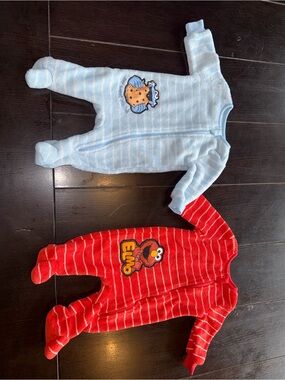 Sesame Street Red & Light Blue Striped Elmo and Cookie Monster Footie Set